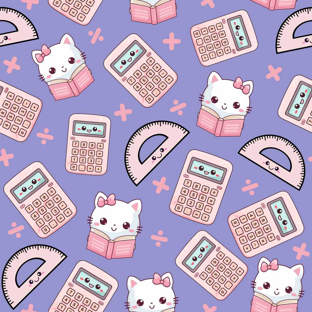 Cute Kawaii Maths Cat Calculator Ruler Blue Illustration