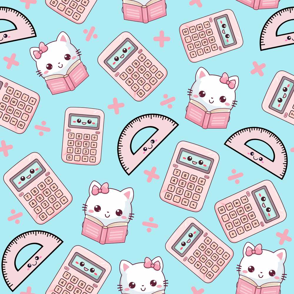 Cute Kawaii Maths Cat Calculator Ruler Blue Illustration