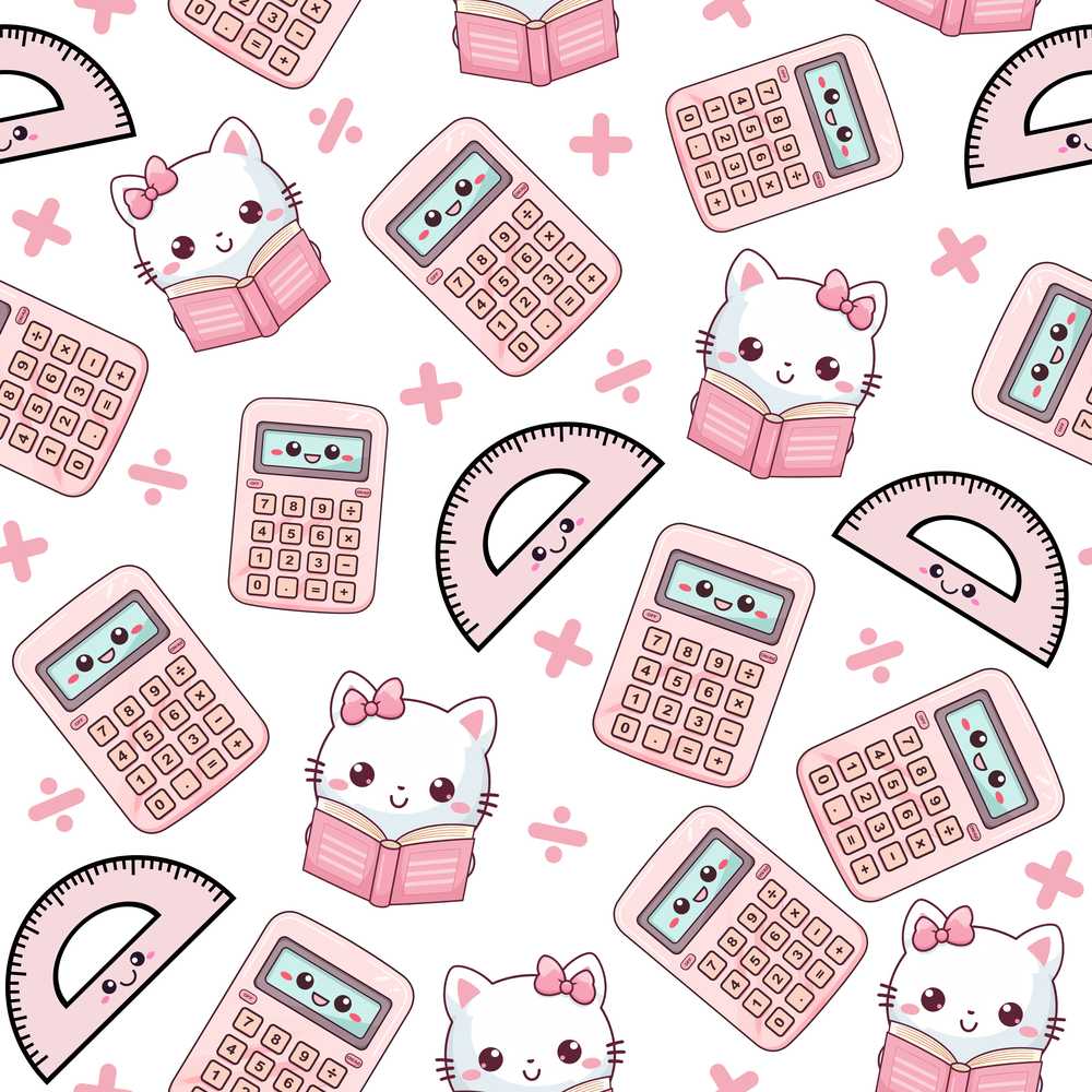 Cute Kawaii Maths Cat Calculator Ruler Grey Illustration