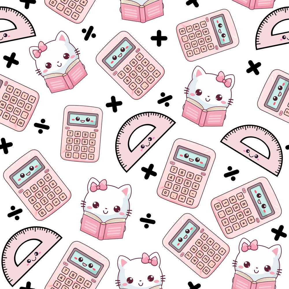 Cute Kawaii Maths Cat Calculator Ruler White Illustration