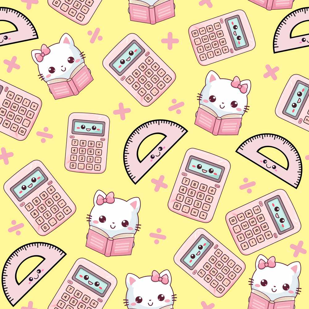 Cute Kawaii Maths Cat Calculator Ruler Yellow Illustration