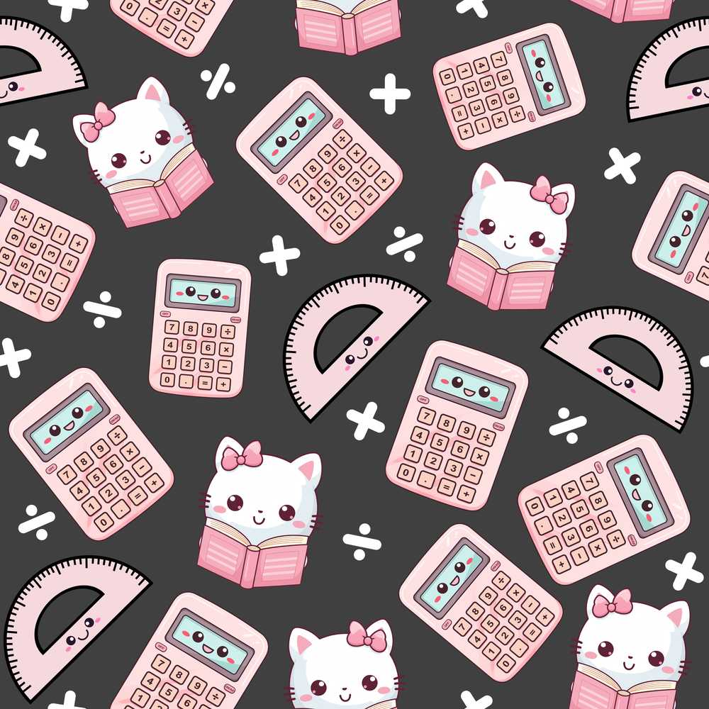 Cute Kawaii Maths Cat Calculator Ruler Dark Illustration