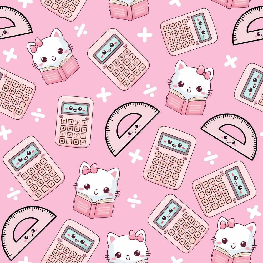 Cute Kawaii Maths Cat Calculator Ruler Pink Illustration