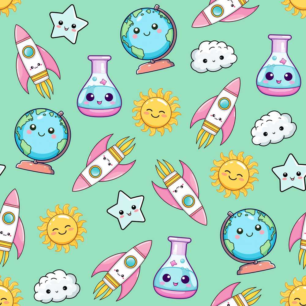 Cute Kawaii Space Rocket Globe Sun Star Learning