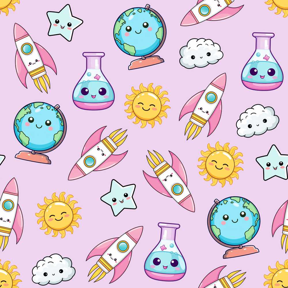 Cute Kawaii Space Rocket Globe Sun Star Purple