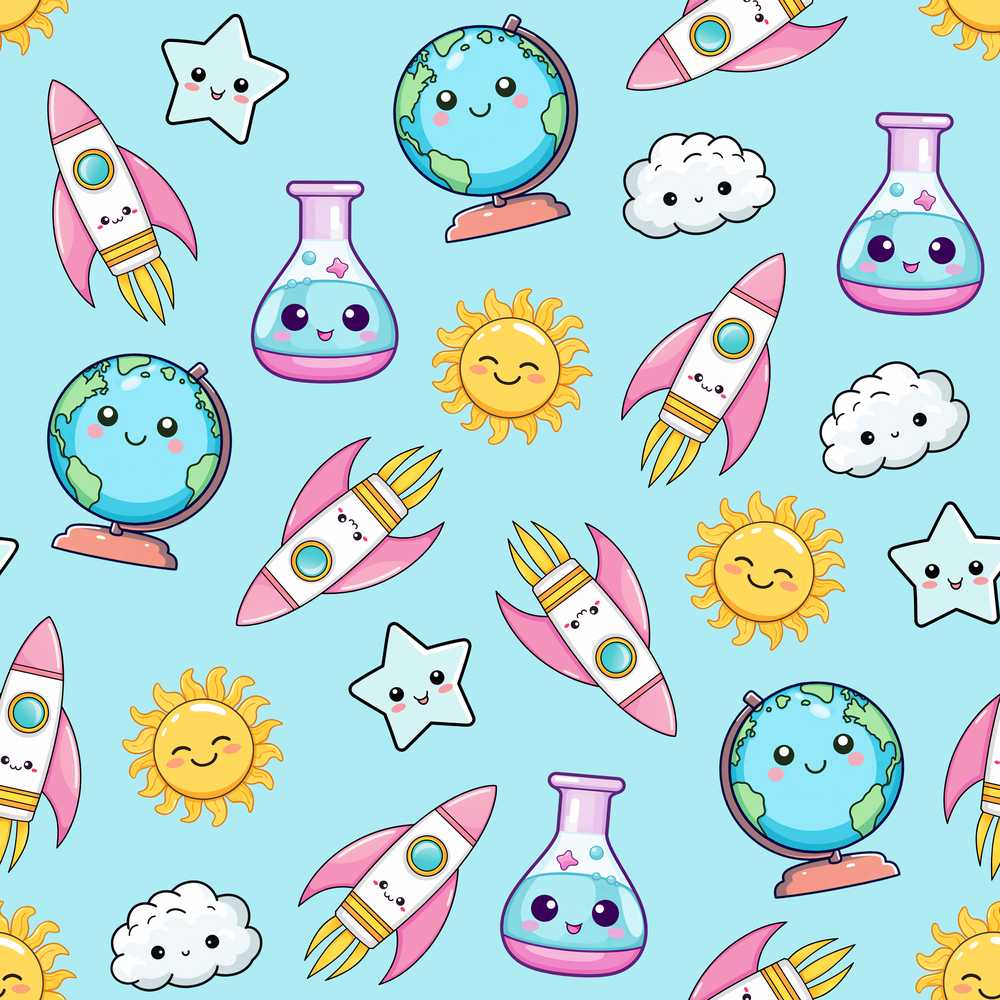 Cute Kawaii Space Rocket Globe Sun Star Blue