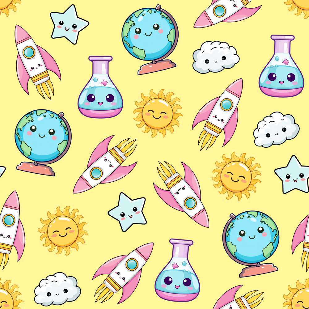 Cute Kawaii Space Rocket Globe Sun Star Yellow