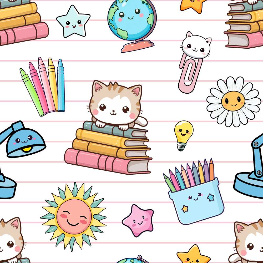 Cute Kawaii School Cat Books Crayons Pink Lines