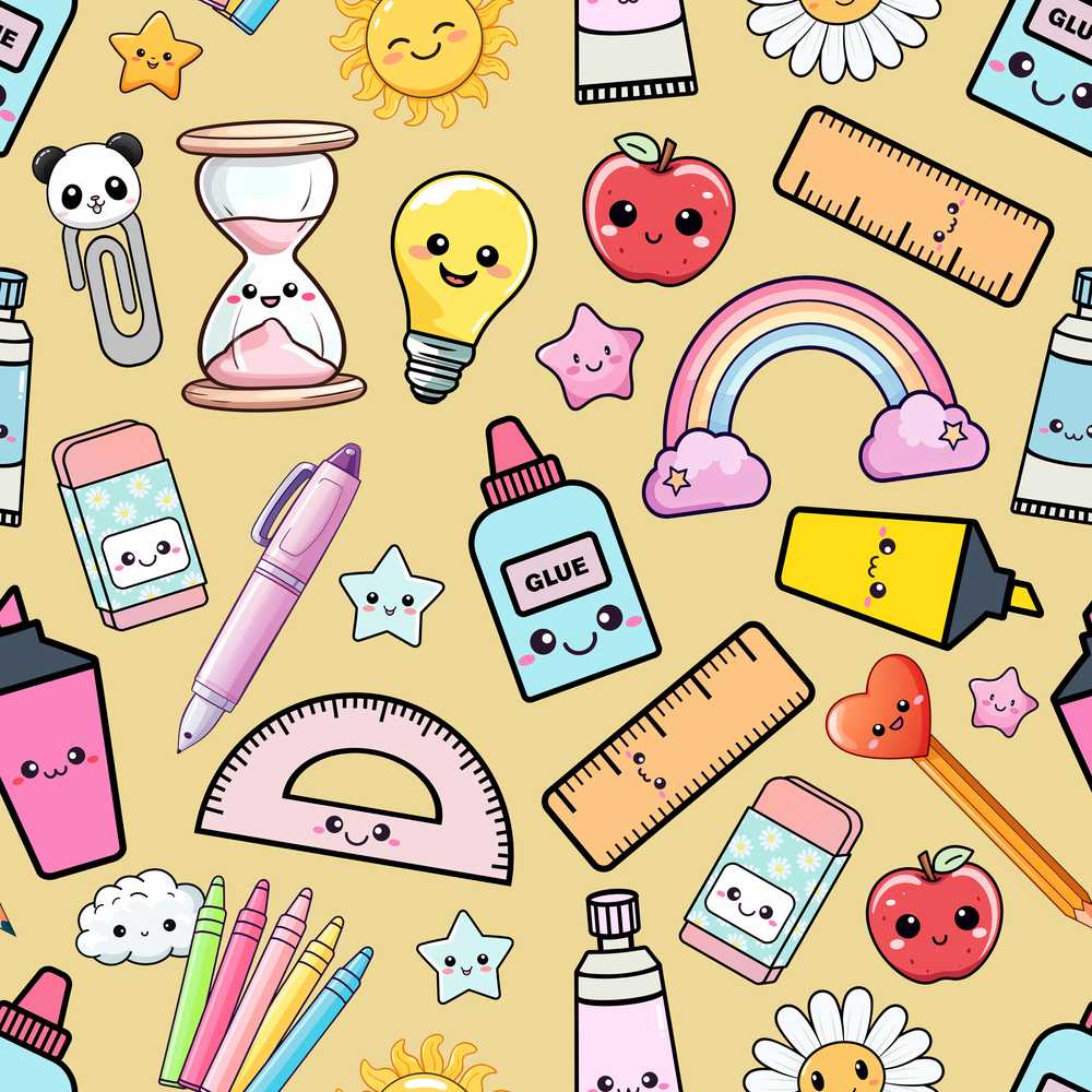 Cute Kawaii School Supplies Rainbow Apple Yellow Background