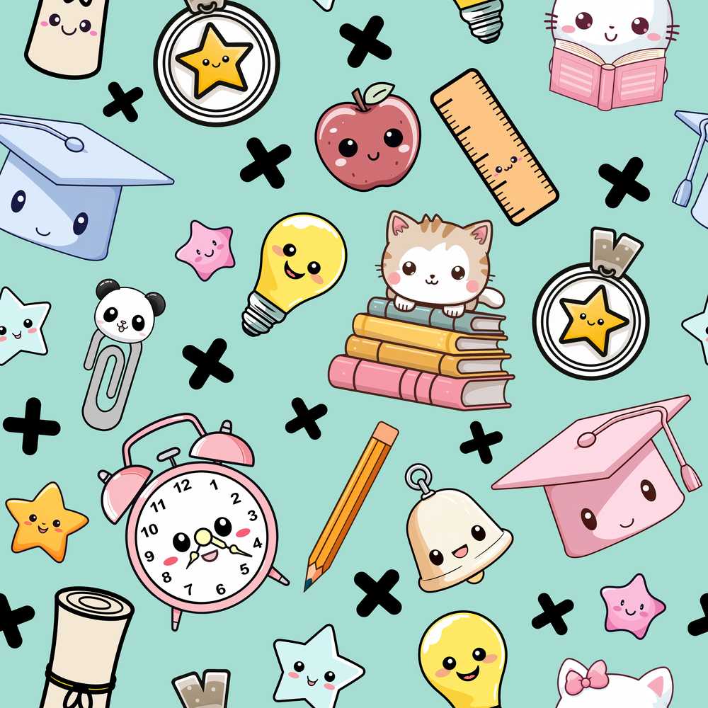 Cute Kawaii School Supplies Cat Books Clock Pencil Green