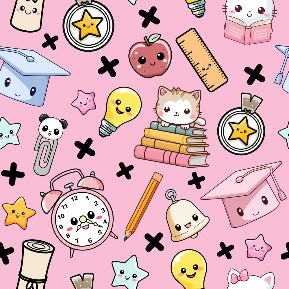 Cute Kawaii School Cat Books Apple Clock Bell Pencil