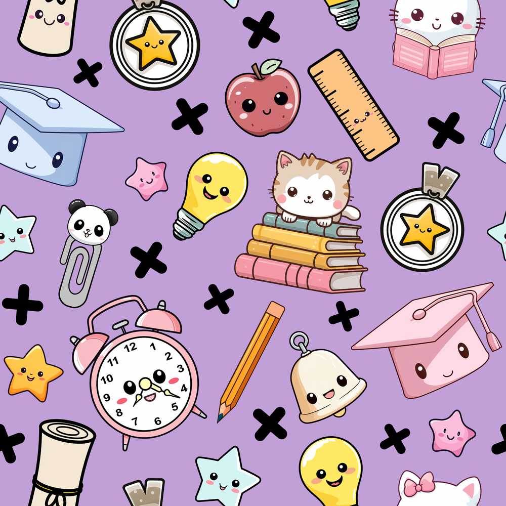 Cute Kawaii School Cat Books Apple Clock Bell Pencil Purple