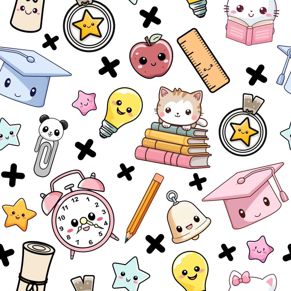 Cute Kawaii School Cat Books Apple Clock Bell Pencil Grey