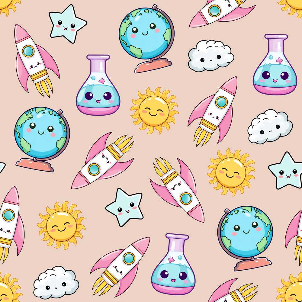 Cute Kawaii Space Rocket Planet Globe Sun Star