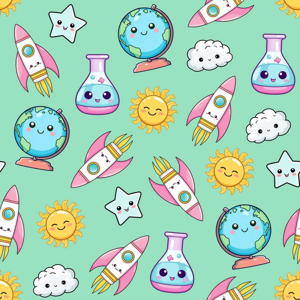 Cute Kawaii Space Rocket Planet Globe Sun Star Green