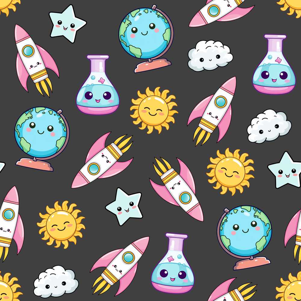 Cute Kawaii Space Rocket Planet Globe Sun Star Dark