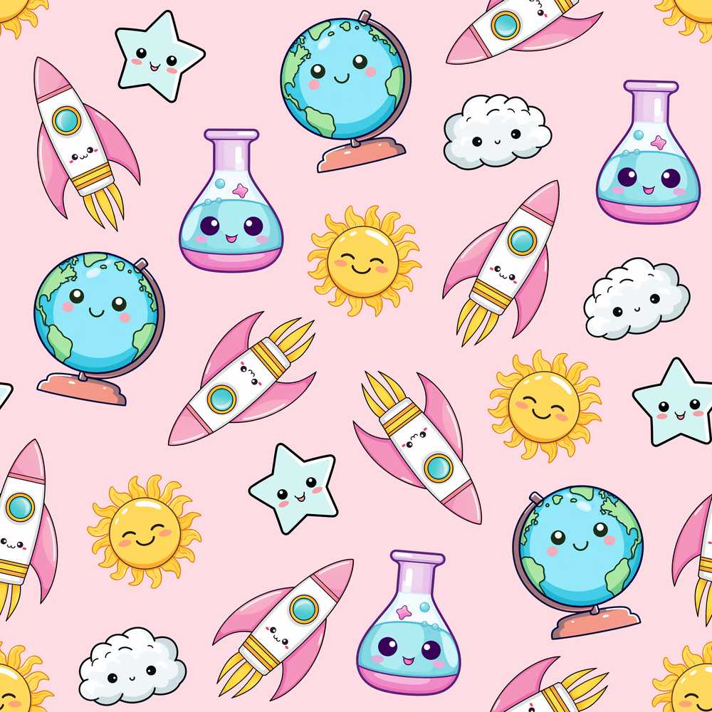 Cute Kawaii Space Rockets Planets Globes Suns Stars