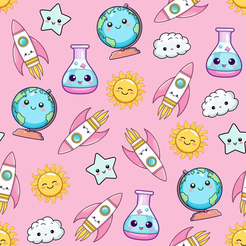 Cute Kawaii Space Rockets Planets Globes Suns Stars Pink