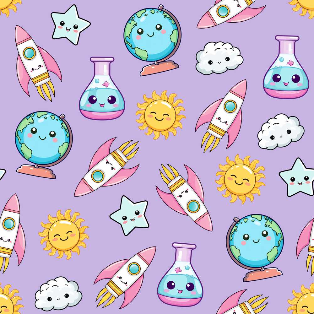 Cute Kawaii Space Rockets Planets Globes Suns Stars Purple