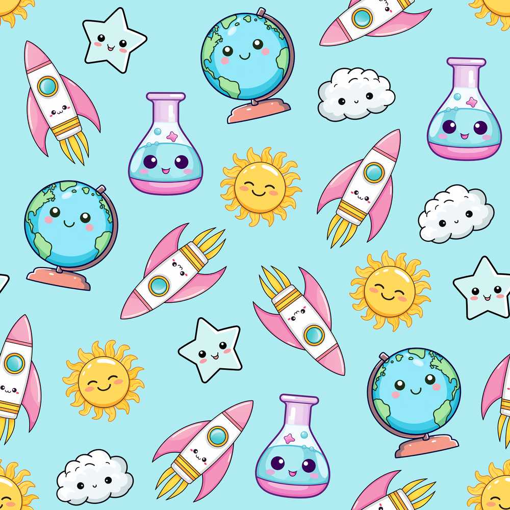 Cute Kawaii Space Rockets Planets Globes Suns Stars Blue