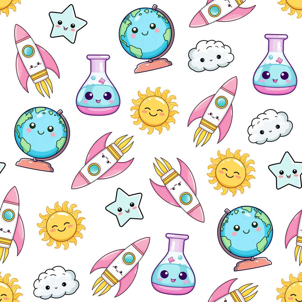 Cute Kawaii Space Rockets Planets Globes Suns Stars Grey