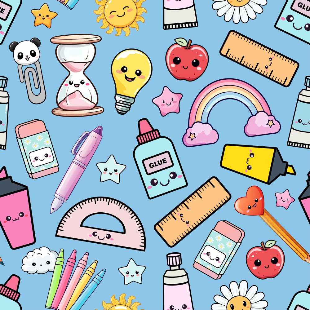 Cute Kawaii School Supplies Glue Ruler Rainbow Apple