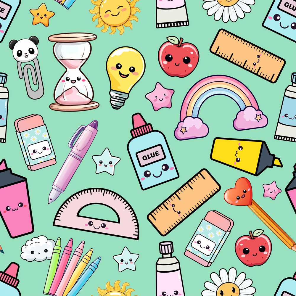 Cute Kawaii School Supplies Glue Ruler Rainbow Apple Green