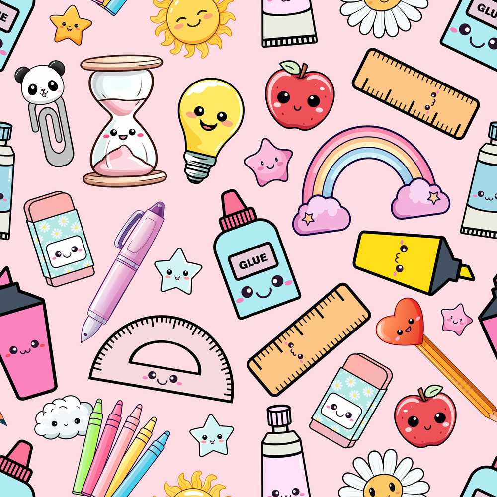 School Supplies Pink Background Rainbow Apple Glue Pen Ruler