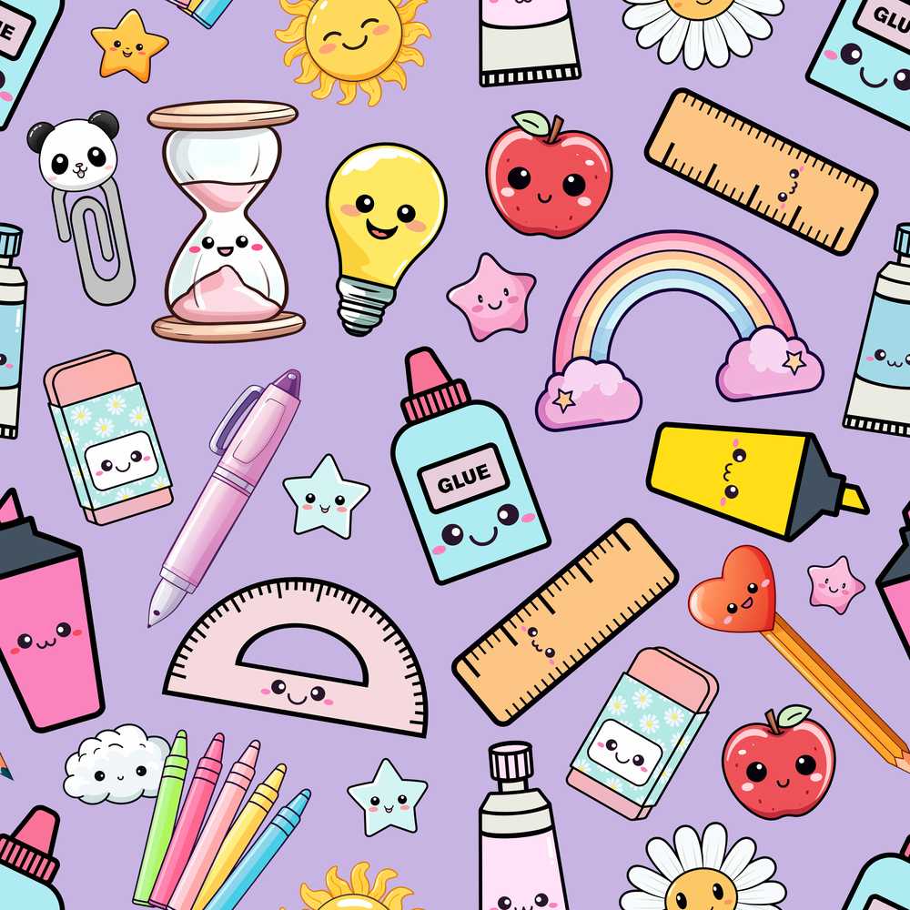 School Supplies Purple Background Rainbow Apple Glue Pen Ruler