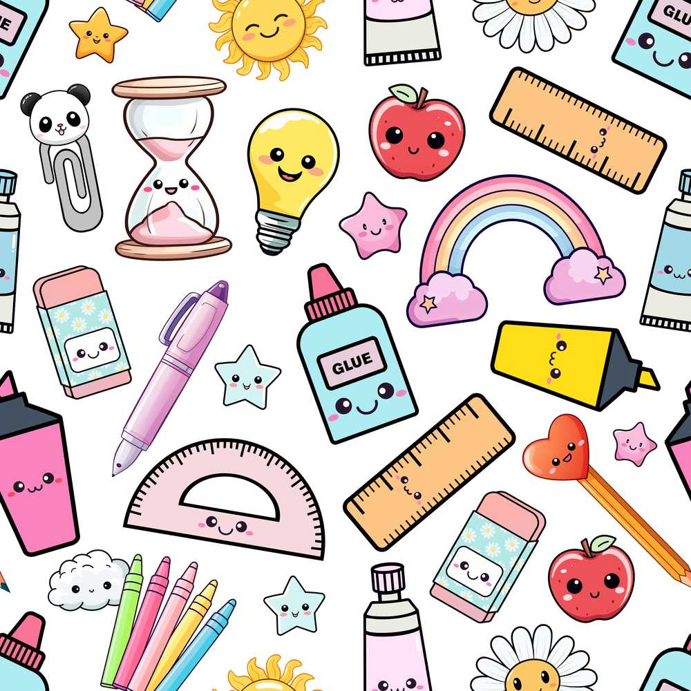 School Supplies Grey Background Rainbow Apple Glue Pen Ruler