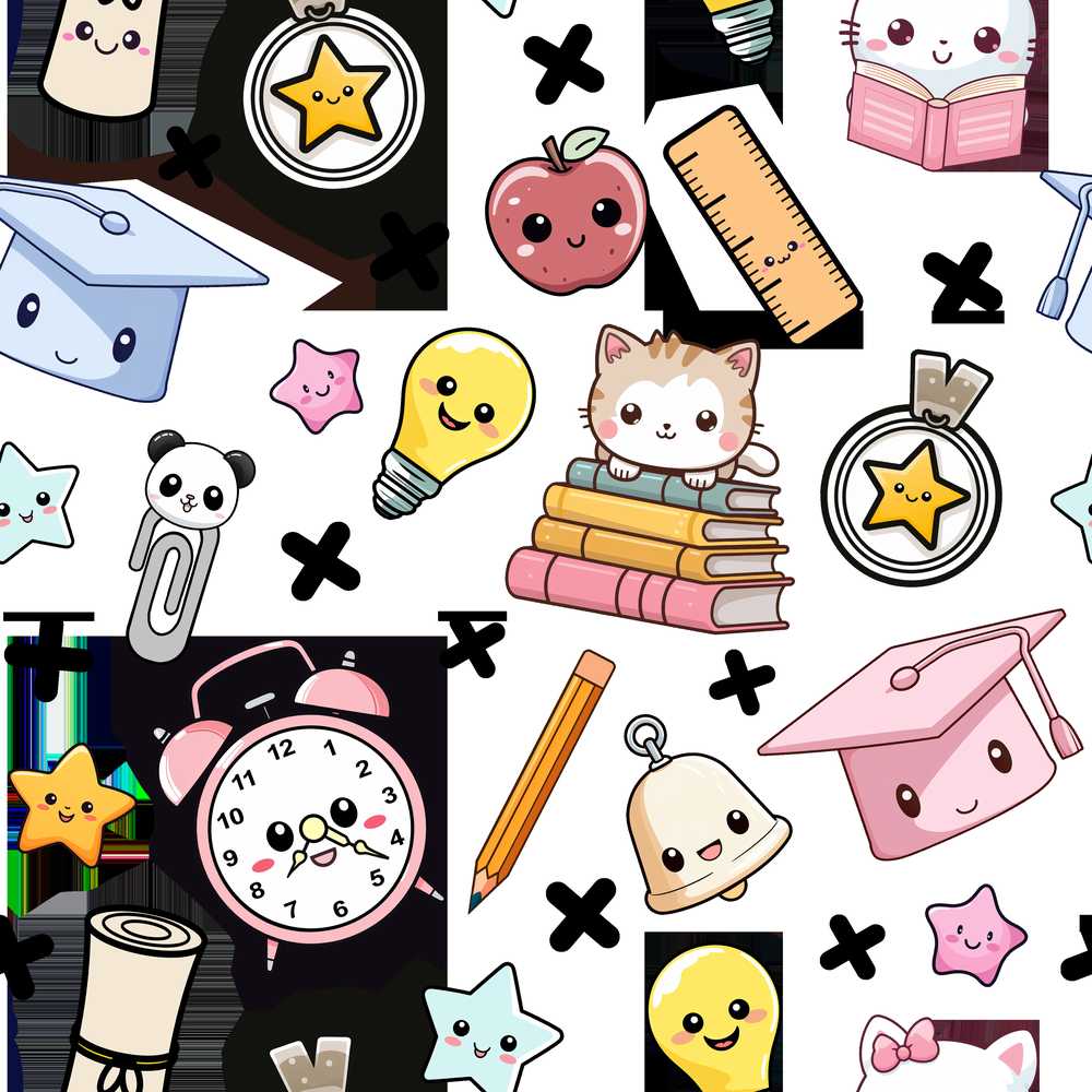 Cute Kawaii School Learning Cat Books Clock Pencil