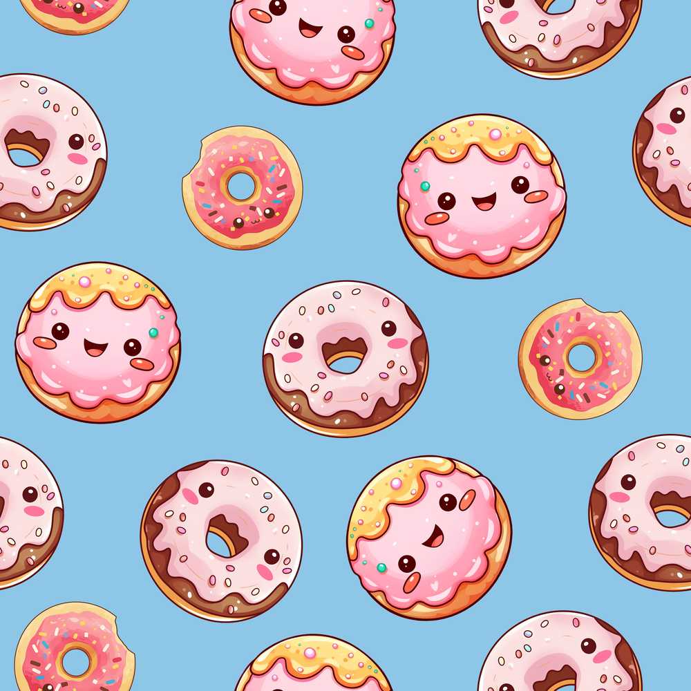 Cute Kawaii Donuts Blue Background Sweet Dessert Decorative