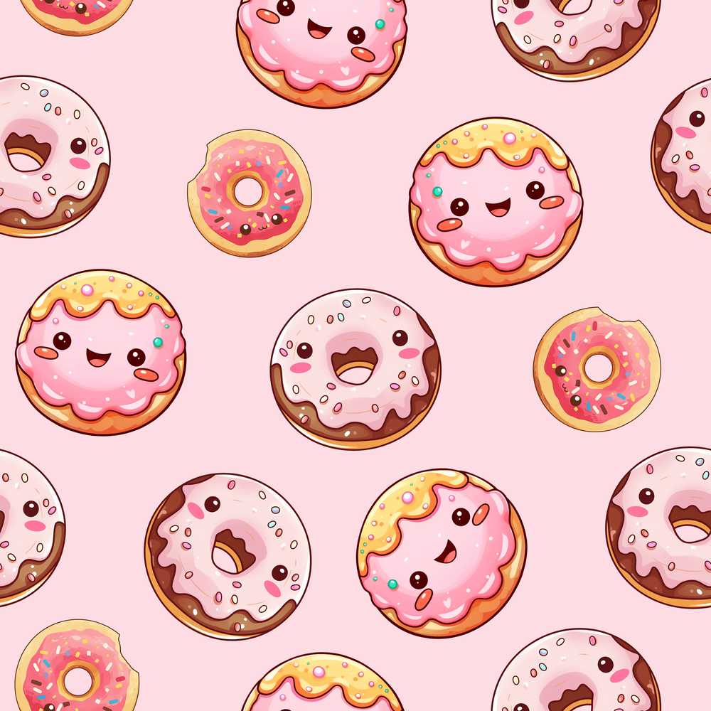 Cute Kawaii Donuts Soft Pink Background Sweet Dessert