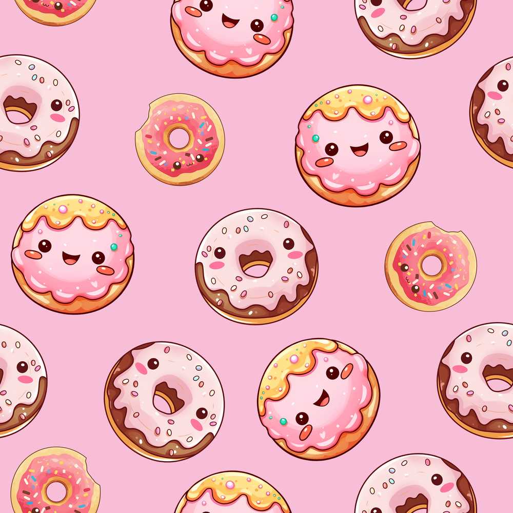 Cute Kawaii Donuts Pink Background Sweet Dessert Decorative