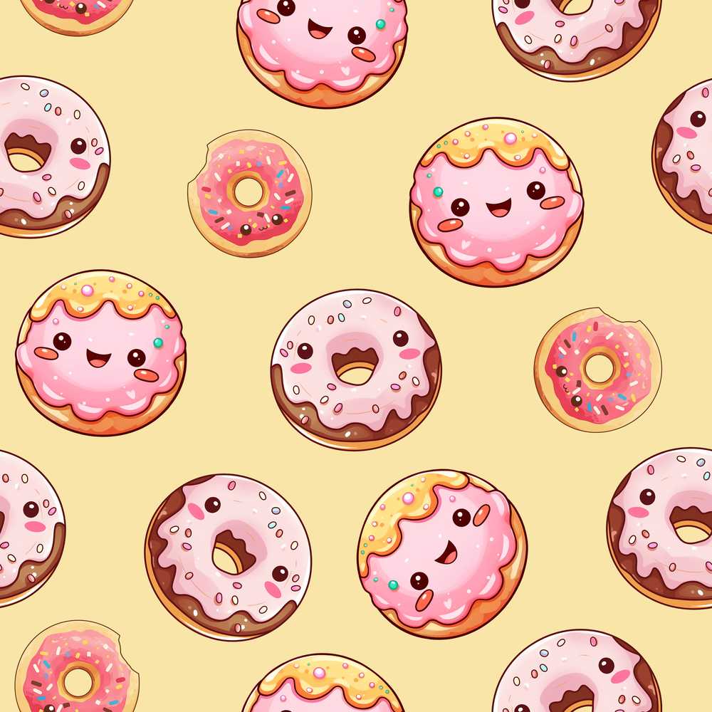 Cute Kawaii Donuts Yellow Background Sweet Dessert Decorative