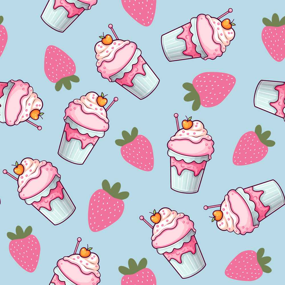 Cute Strawberry Milkshake Cupcake Dessert Illustration Repeat Pattern