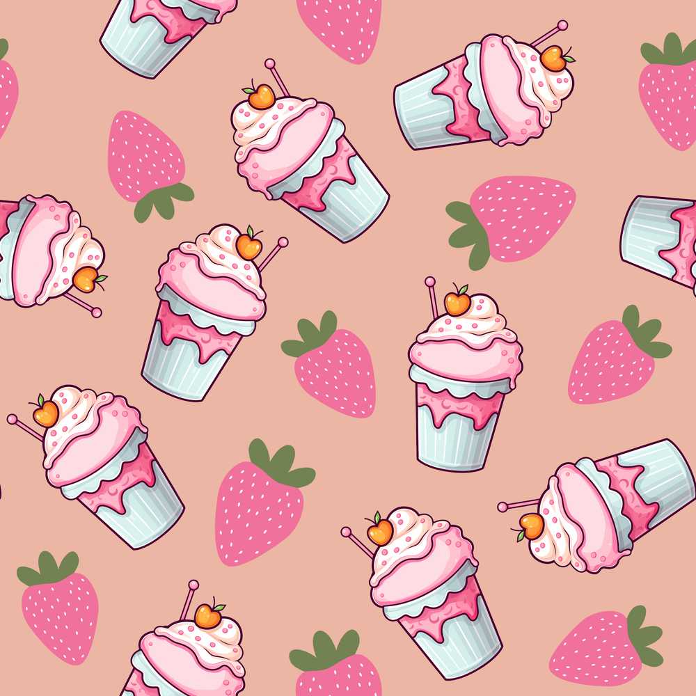 Cute Strawberry Milkshake Cupcake Peach Background Illustration Repeat