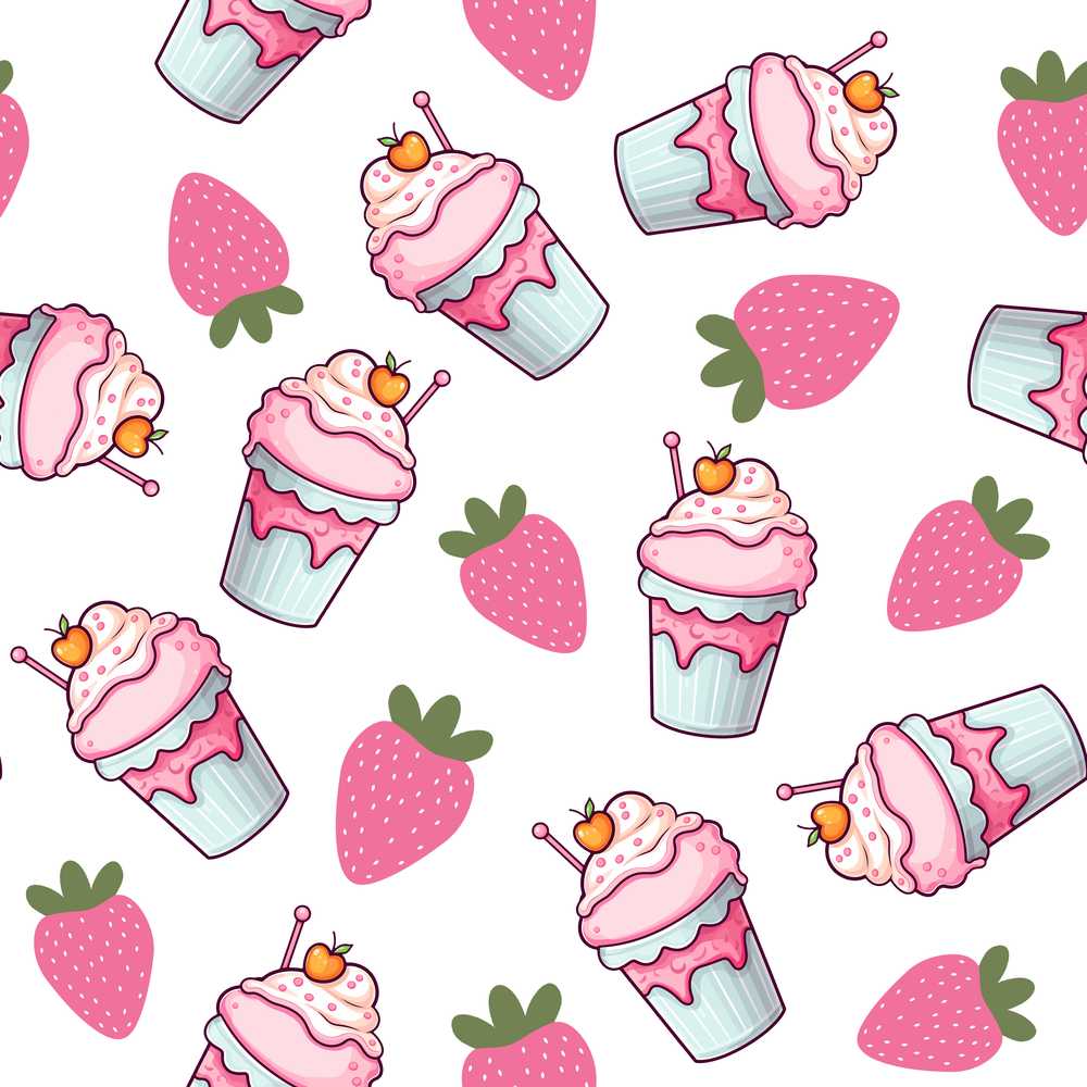 Cute Strawberry Milkshake Cupcake Light Grey Background Illustration