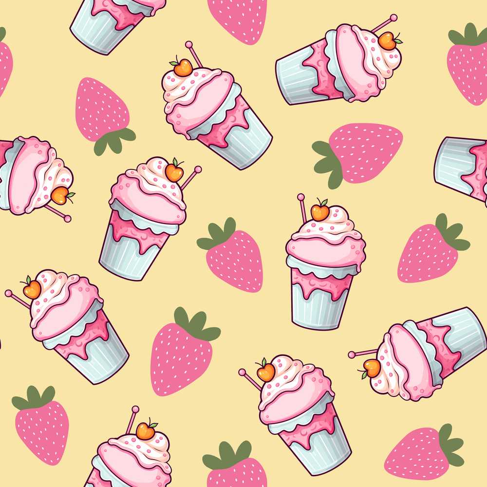 Cute Strawberry Milkshake Cupcake Yellow Background Illustration Repeat