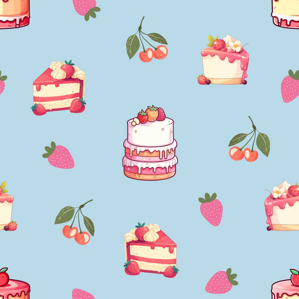 Cute Strawberry Cake Cherry Dessert Blue Background Illustration