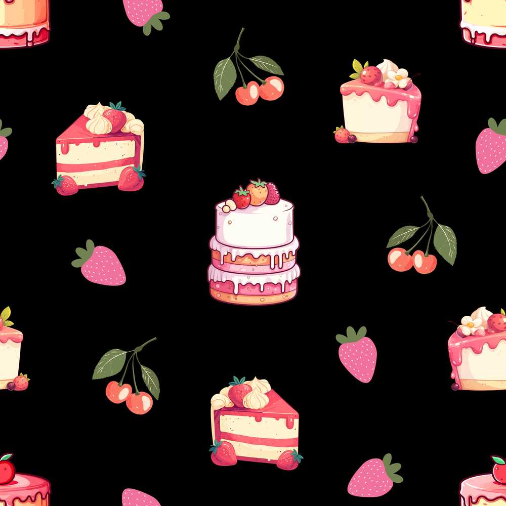 Cute Strawberry Cake Cherry Dessert Black Background Illustration