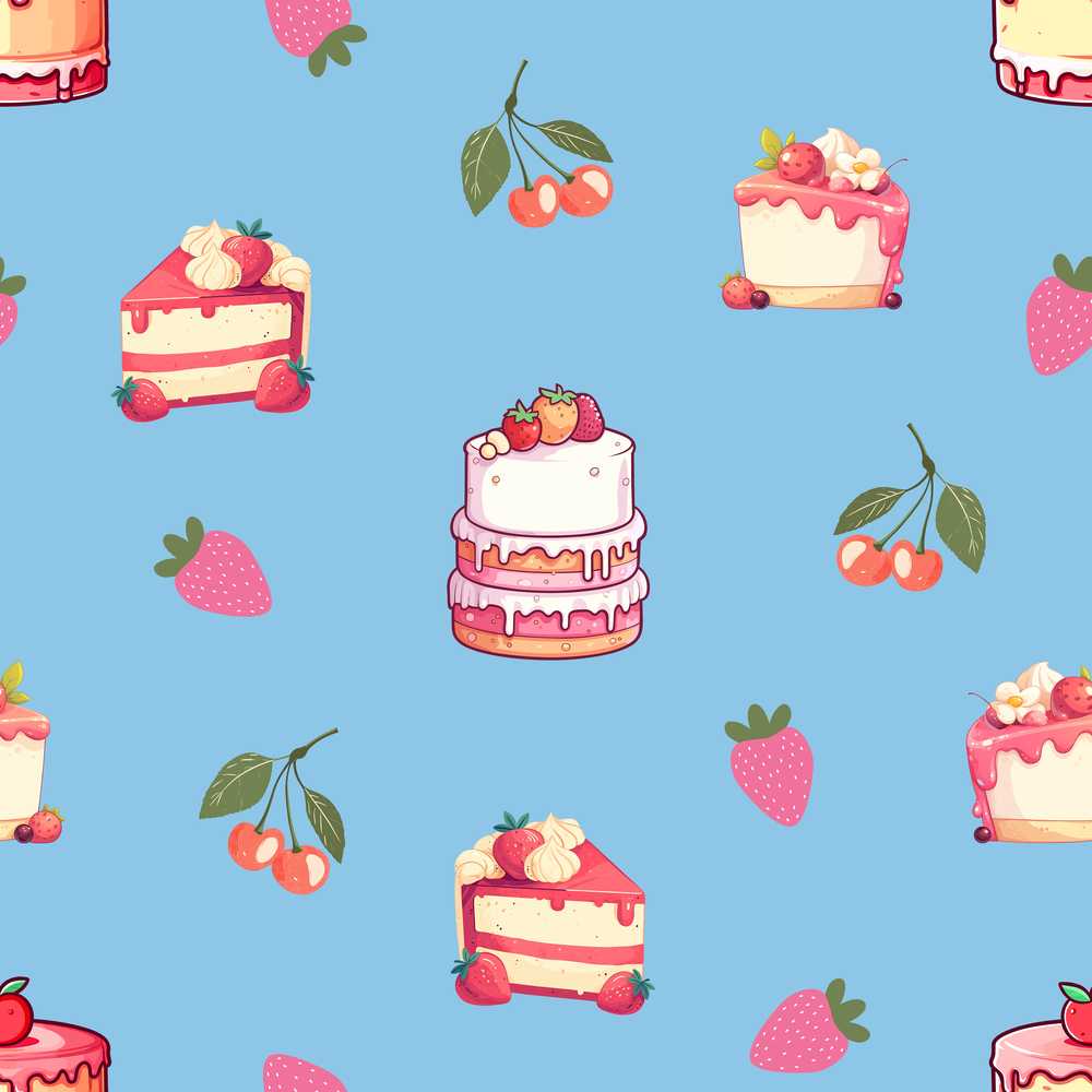 Cute Strawberry Cake Cherry Dessert Blue Sky Background
