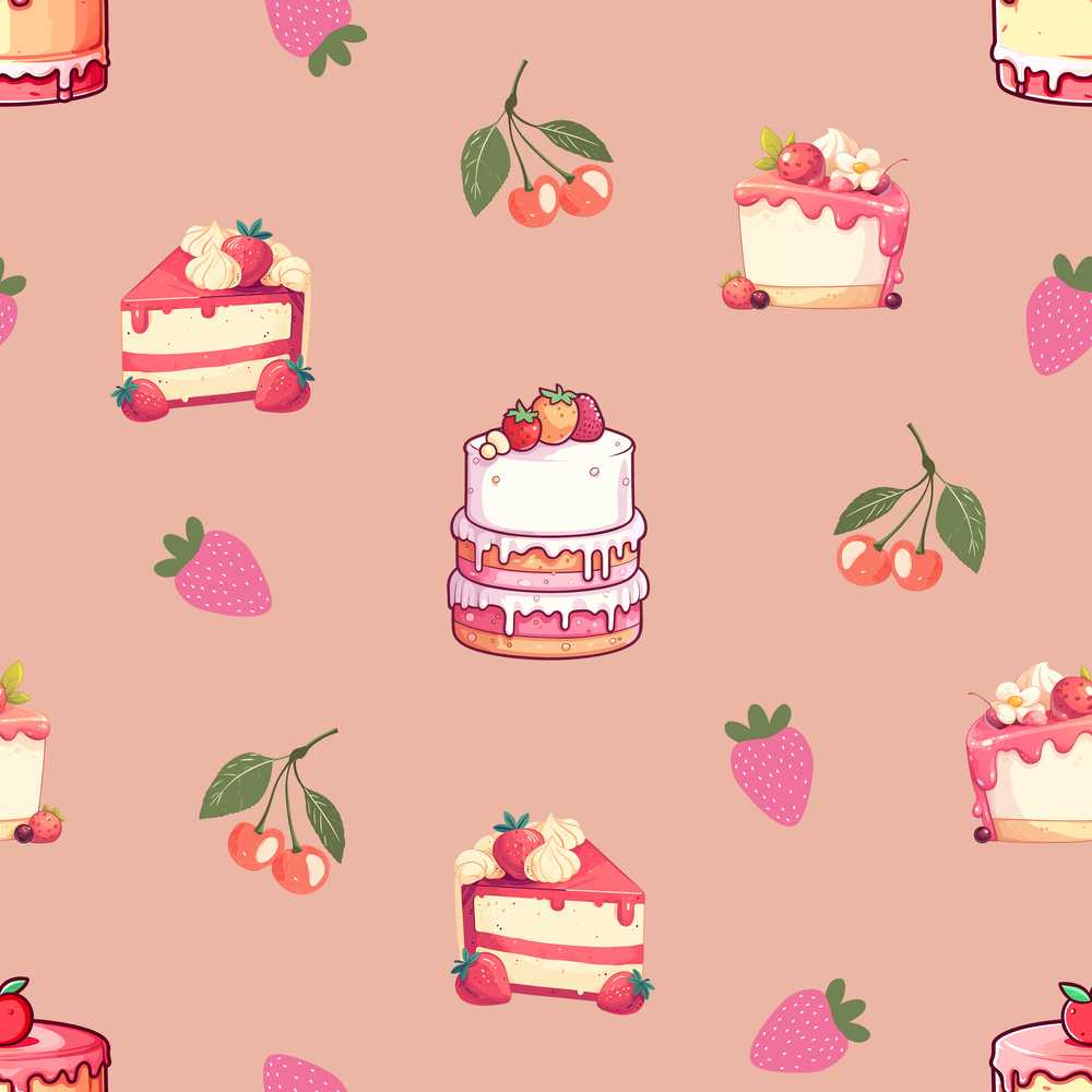 Cute Strawberry Cherry Cake Dessert Beige Background Illustration