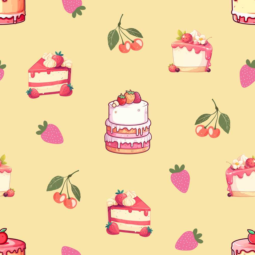 Cute Strawberry Cherry Cake Dessert Yellow Background Illustration
