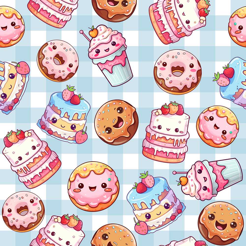 Cute Kawaii Donut Cake Dessert Blue Gingham Background