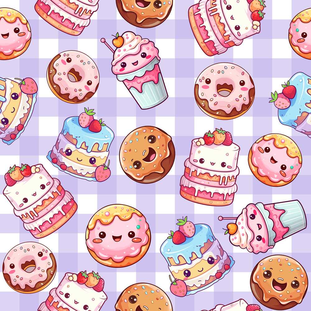 Cute Kawaii Donut Cake Dessert Purple Gingham Illustration