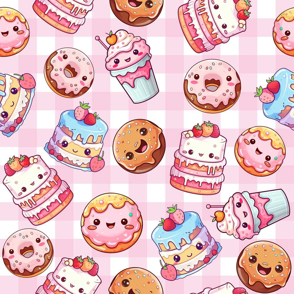 Cute Kawaii Donut Cake Dessert Pink Gingham Illustration