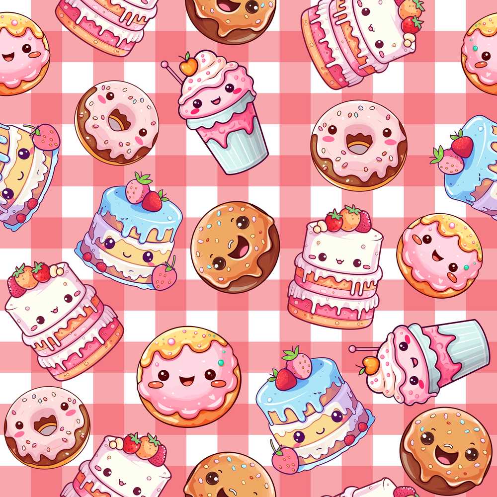 Cute Kawaii Donut Cake Dessert Red Gingham Illustration