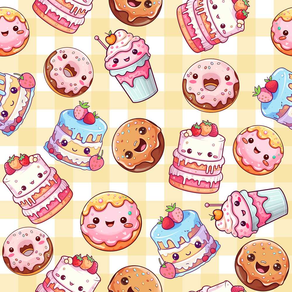 Cute Kawaii Donut Cake Dessert Yellow Gingham Illustration