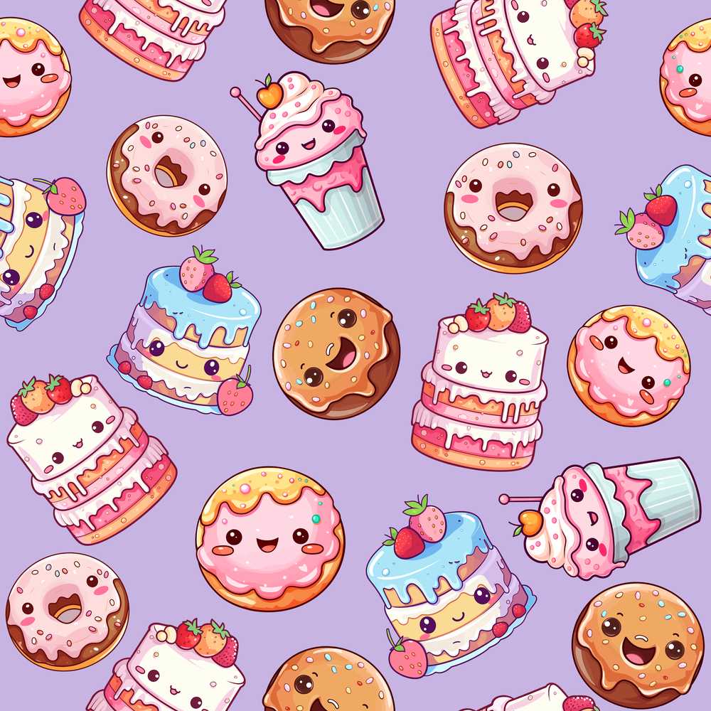 Cute Kawaii Donut Cake Dessert Lavender Background Illustration